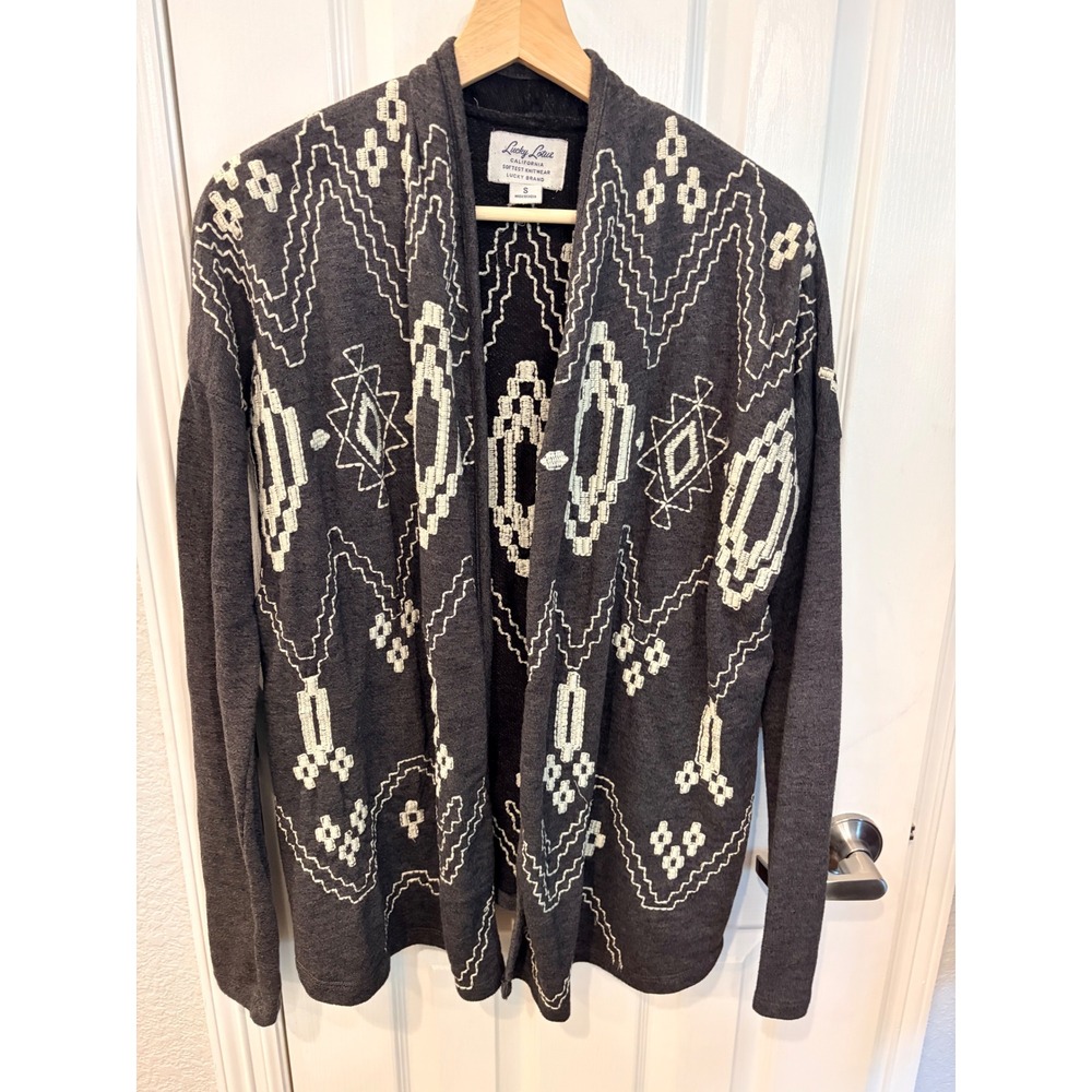 Lucky Brand Cardigan Grey Geometric Embroidered Lucky Lotus Open Front Sweater